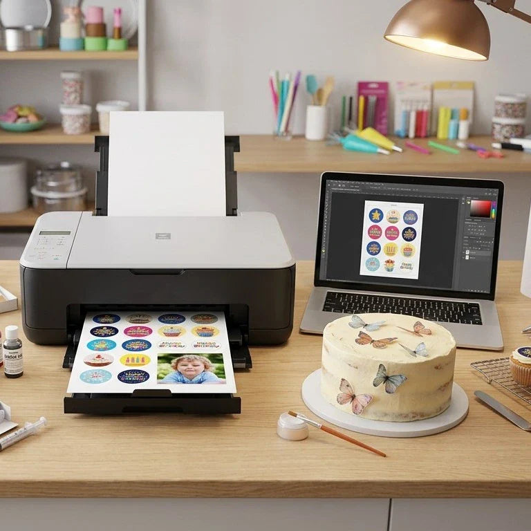 A printer is printing an icing sheet with edbile ink