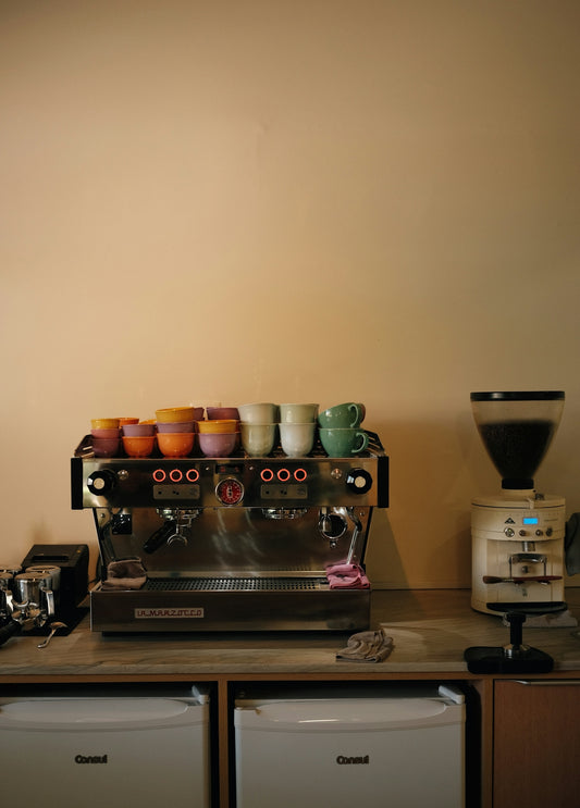 Coffee machine and grinder on a countertop.